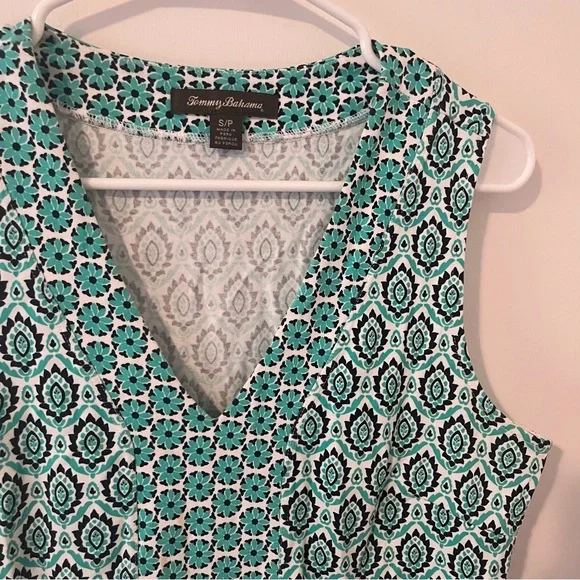 Tommy Bahama Pima Cotton Geometric Pattern Dress V-Neck Size Small Teal Green - Picture 2 of 10